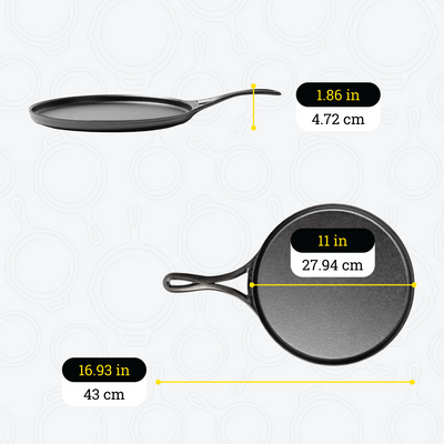 Dimensional drawing of product. Total height including handle is 1.86 inches, total length is 16.93 inches, width of cooking surface is 11 inches.