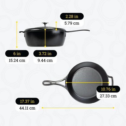 Dimensional drawing of deep skillet. Total height including lid is 6 inches, height of deep skillet is 3.72 inches, height of lid is 2.28 inches, length of skillet including handles is 17.37 inches, and length of cooking surface is 10.76 inches.