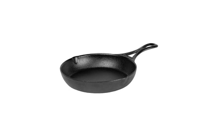 A black, cast iron skillet with a long handle and two pour spouts on opposite sides.