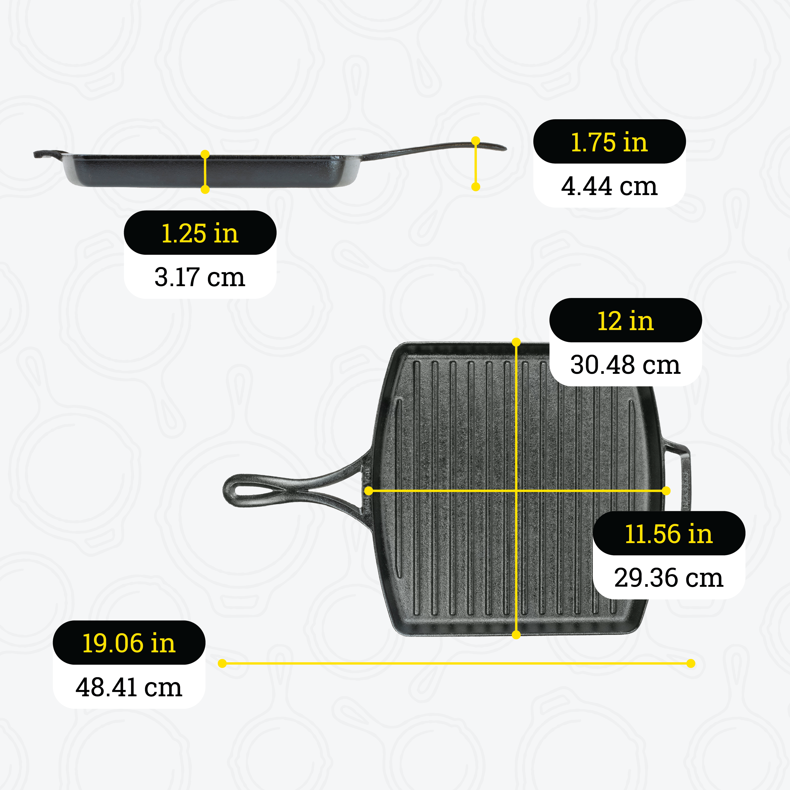 Dimensional drawing of grill pan. Height of handle is 1.75 inches from bottom, depth of cooking surface is 1.25 inches, length and width of cooking surface is 11.56 inches, total length including handles is 19.06 inches, total width is 12 inches.
