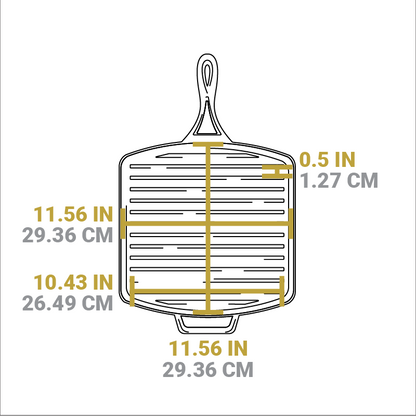 Dimensional drawing of product. Length and width of cooking surface is 11.56 inches, length of grill lines is 10.43 inches, and space between each line is 0.5 inches.