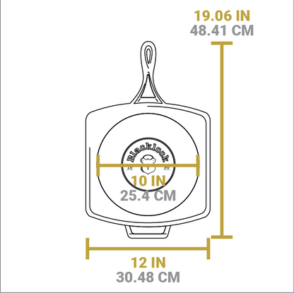 Dimensional drawing of product. Total length including handles is 19.06 inches, total width is 12 inches.