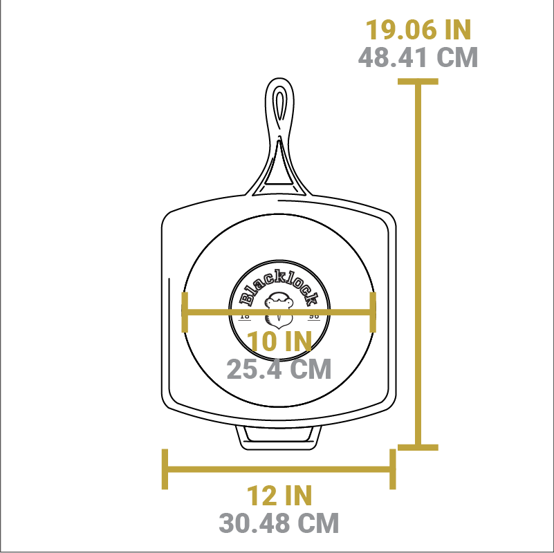 Dimensional drawing of product. Total length including handles is 19.06 inches, total width is 12 inches.