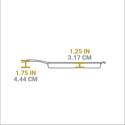 Dimensional drawing of product. Height of handle is 1.75 inches from bottom, depth of cooking surface is 1.25 inches.