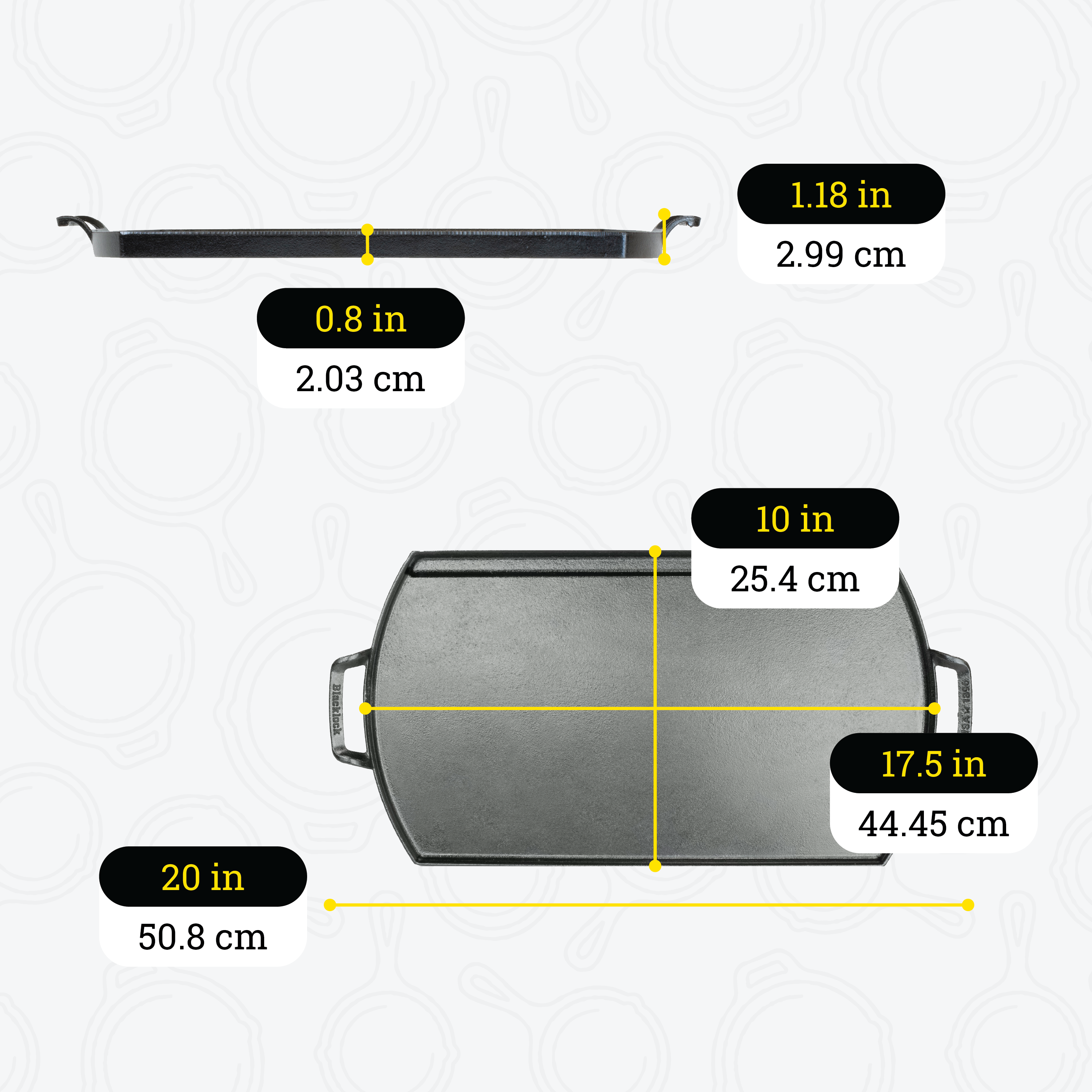Dimensional drawing of griddle. Height of cooking surface is 0.8 inches, height including handles is 1.18 inches, width of cooking surface is 17.5 inches, total width including handles is 20 inches, total length is 10 inches.