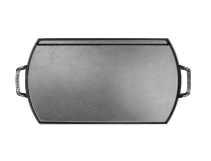 Top view of griddle showing cooking surface and grease catcher.