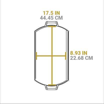 Dimensional drawing of product. Width of cooking surface is 17.5 inches, length of cooking surface is 8.93 inches.