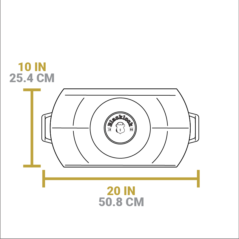 Dimensional drawing of product. Total width including handles is 20 inches, total length is 10 inches.