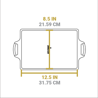 Dimensional drawing of casserole pan. Length of flat bottom is 8.5 inches, width of flat bottom is 12.5 inches.