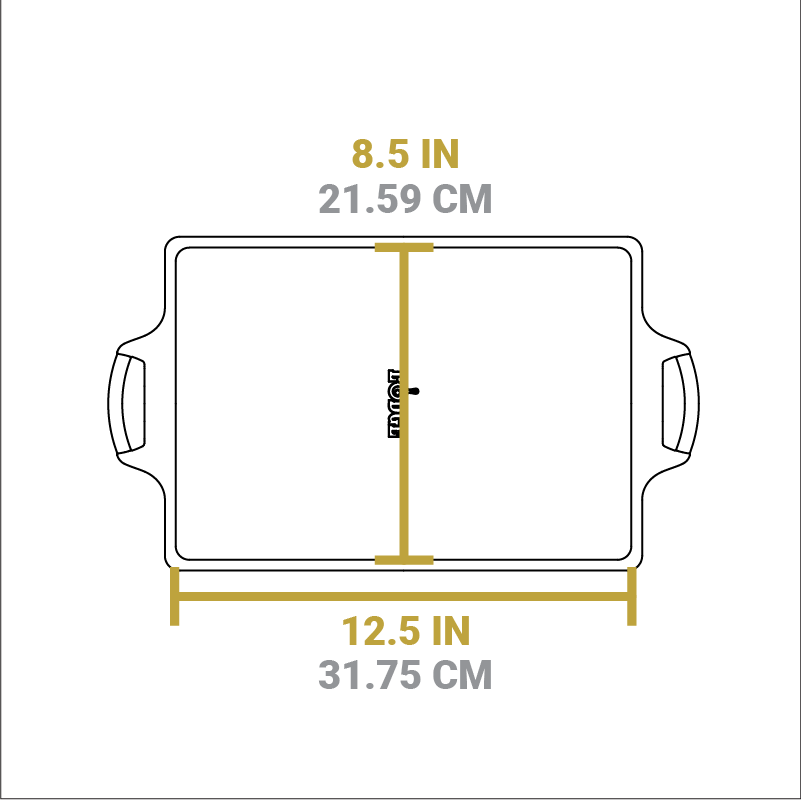 Dimensional drawing of product. Length of flat bottom is 8.5 inches, width of flat bottom is 12.5 inches.