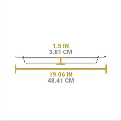 Dimensional drawing of baking pan. Depth is 1.5 inches, total width including handles is 19.06 inches.