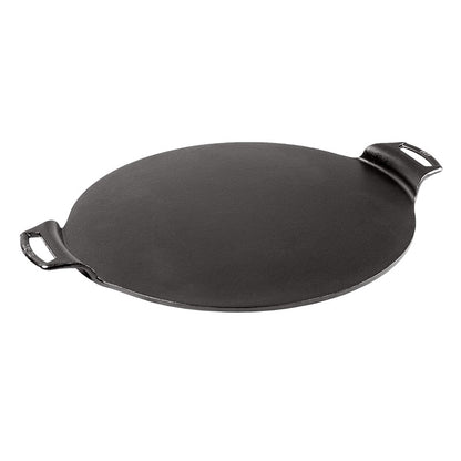 Circular pizza pan with 2 handles and a no edges.