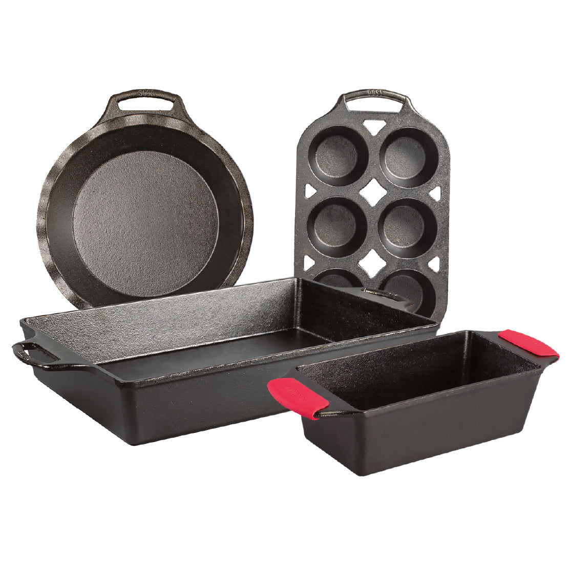 5 piece cast iron set including a pie pan,  6 cup muffin pan, baking pan, loaf pan, and set of silicone handle grips.