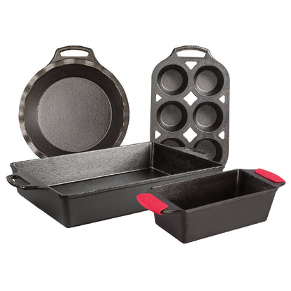 5 piece cast iron set including a pie pan,  6 cup muffin pan, baking pan, loaf pan, and set of silicone handle grips.