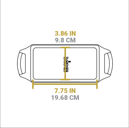 Dimensional drawing of product.  Length of flat bottom is 3.86 inches, width is 7.75 inches.