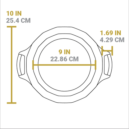 Dimensional drawing of product. Length of pan is 10 inches, width of cooking surface is 9 inches, and length of handle form pan is 1.69 inches.