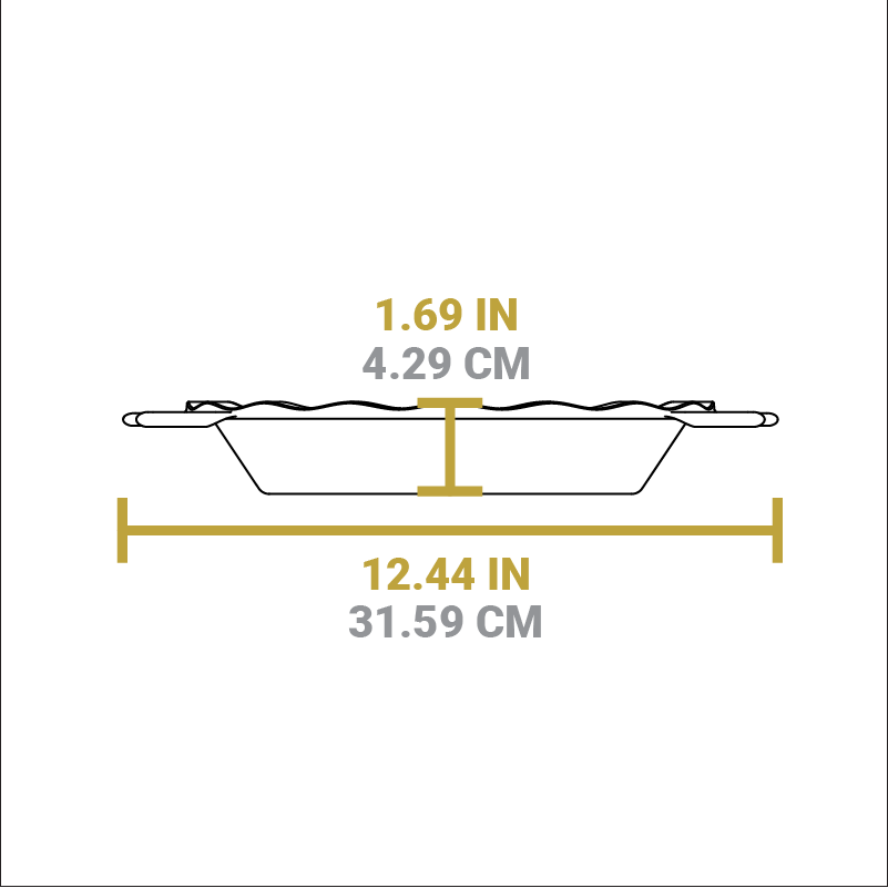 Dimensional drawing of product. Height is 1.69 inches, total width including handles is 12.44 inches.