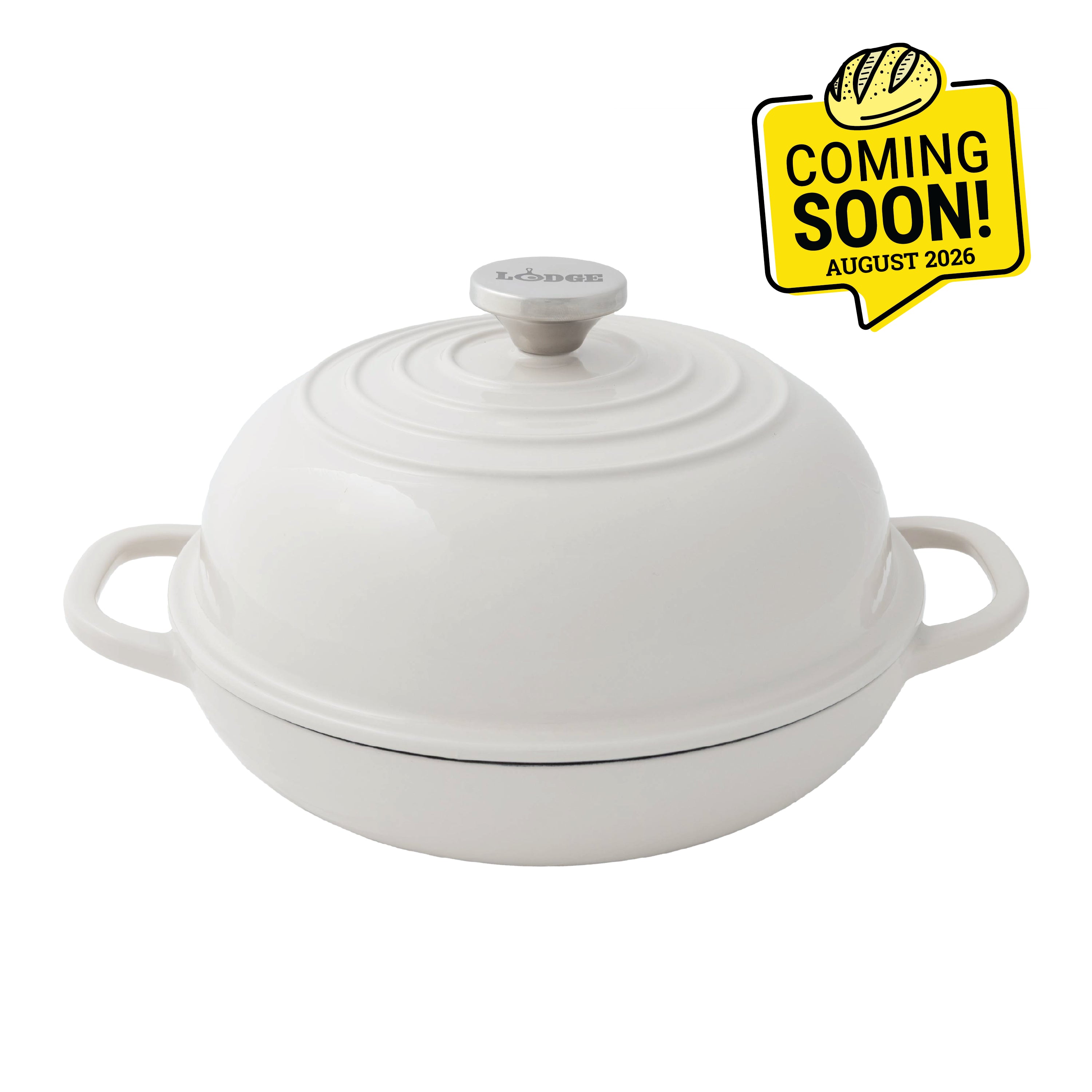 Oyster enameled bread oven with 2 handles on the base and a silver knob on lid. Image features a badge saying "Coming Soon, August 2026".