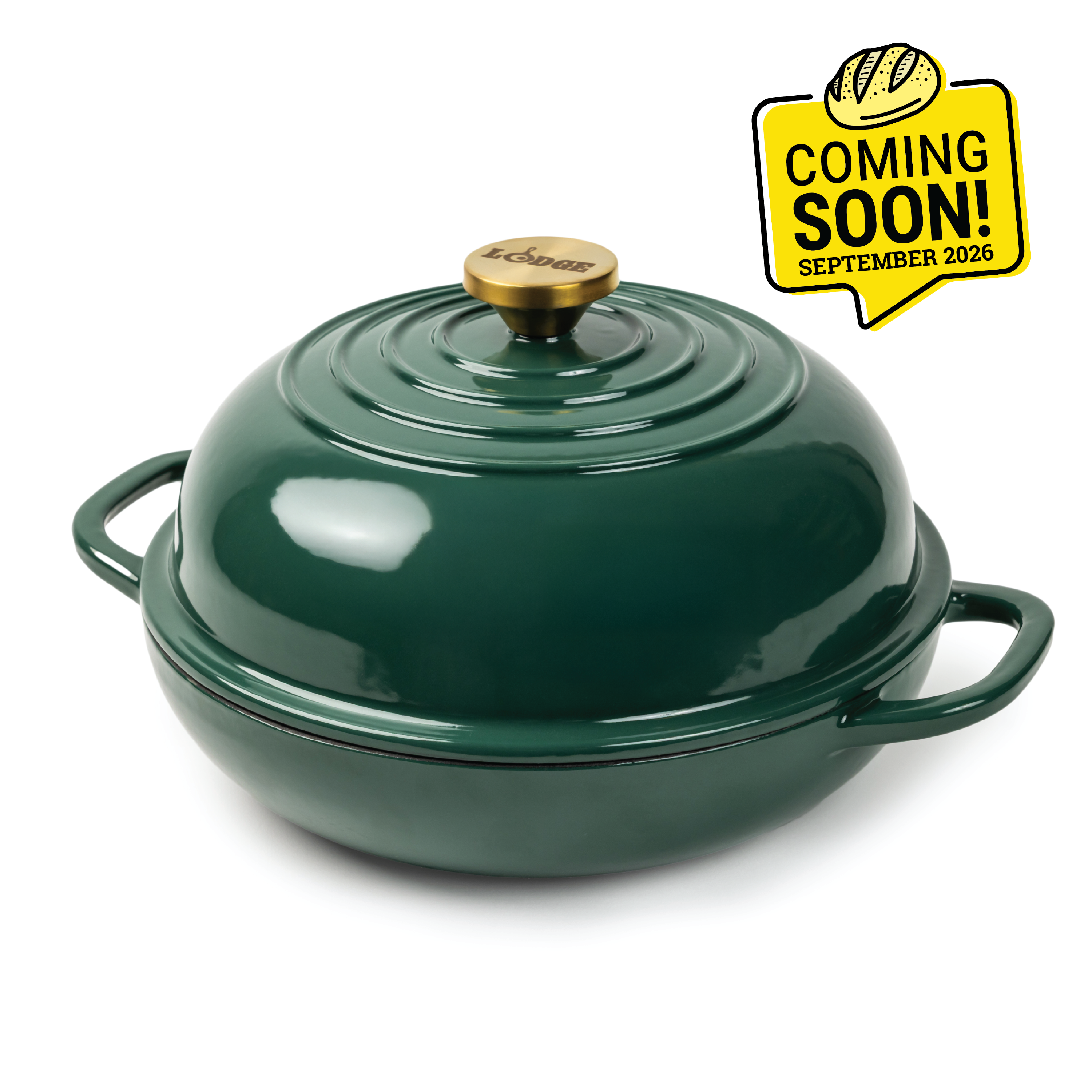 Green enameled bread oven with 2 handles on the base and a silver knob on lid. Image features a badge saying "Coming Soon, September 2026".