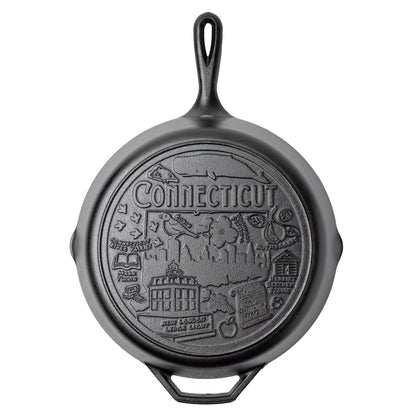 Cast iron skillet with the bottom engraved with beloved icons and monuments from Connecticut.