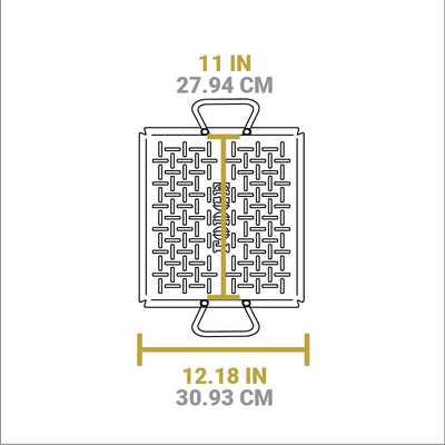 Dimensional drawing of product. Width of cooking surface is 11 inches, total length including edges is 12.18 inches.