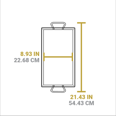 Dimensional drawing of product. Total width including handles is 21.43 inches, length of cooking surface is 8.93 inches.