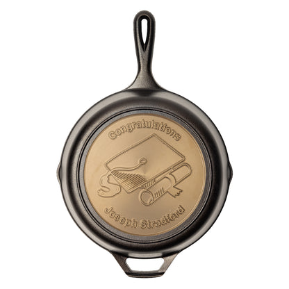 Personalized engraved skillet that was used to congratulate the graduate.