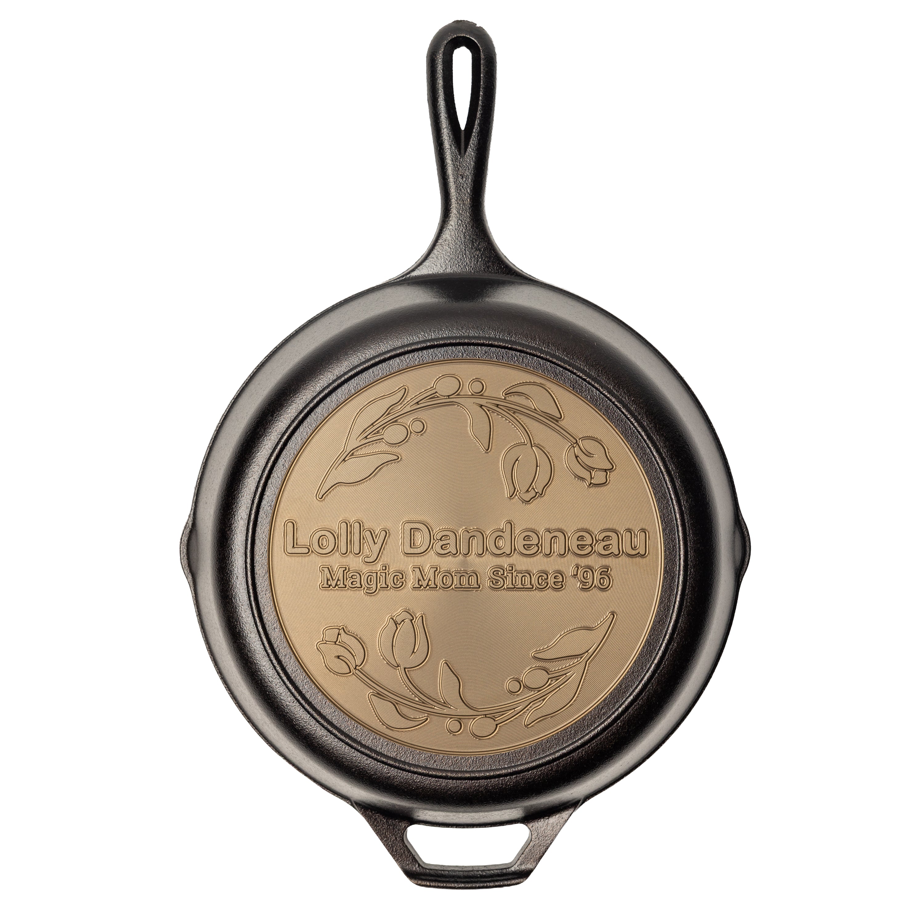 Personalized skillet with tulips curving around two editable texts fields.