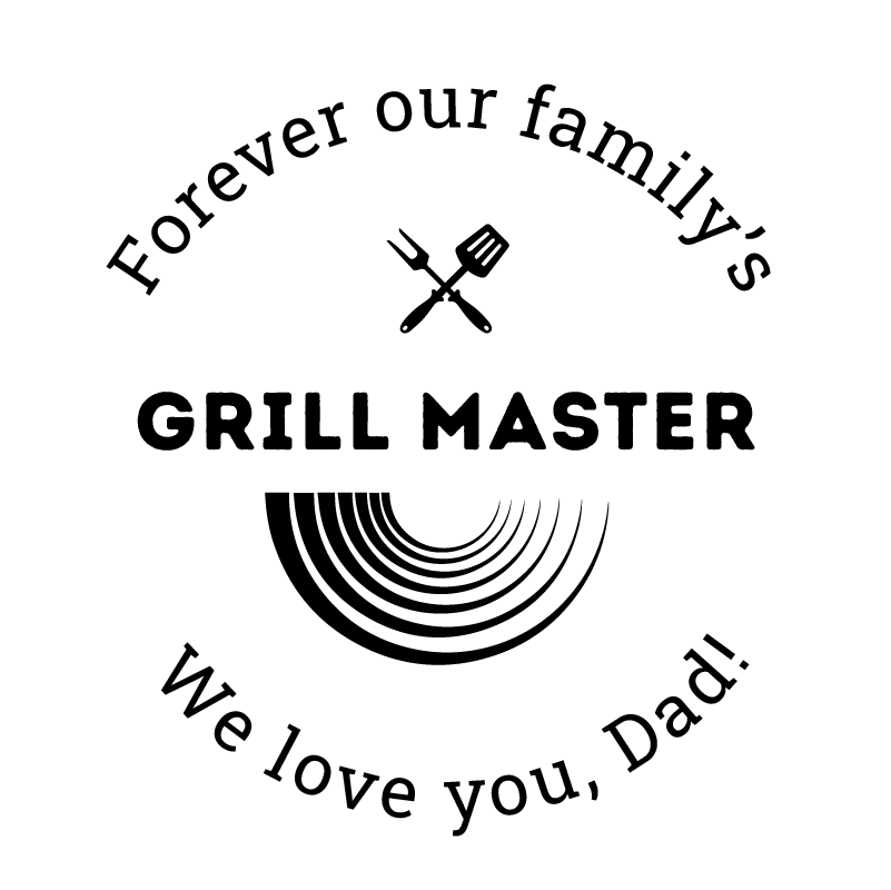 Personalized skillet featuring engraved grilling utensils and accent curves with editable text fields between the two icons and on the top and bottom arc.