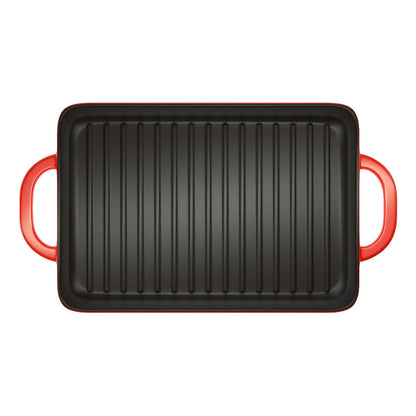 Top view of grill pan, showing grill lines and pan handles.