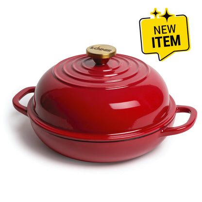 A red enameled cast iron Dutch oven with a matching lid and side handles, shown on a white background with a yellow 'NEW ITEM' badge in the top right corner.