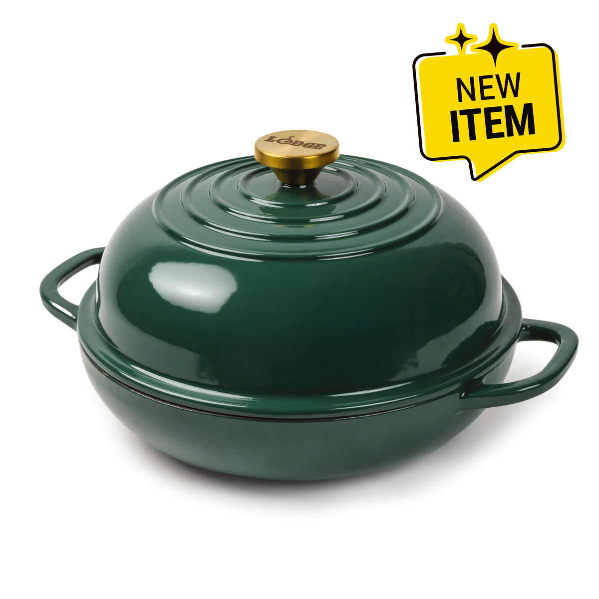 A dark green enameled cast iron Dutch oven with a matching lid and side handles, featuring a gold-toned knob. A yellow 'NEW ITEM' badge is in the top right corner on a white background.