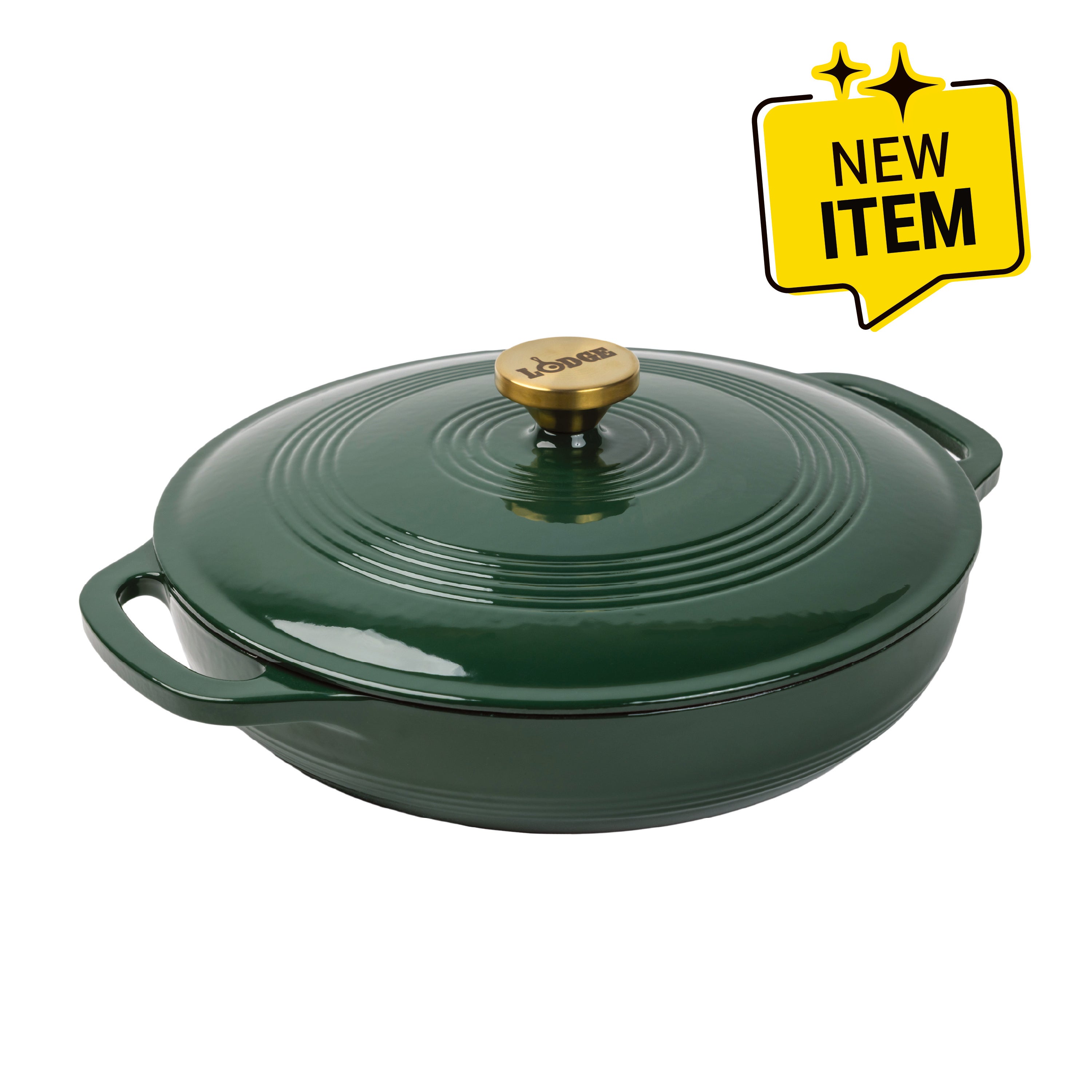 A dark green enameled cast iron Dutch oven with a matching lid and gold-tone knob, shown on a plain white background with a yellow 'NEW ITEM' badge in the top right corner.