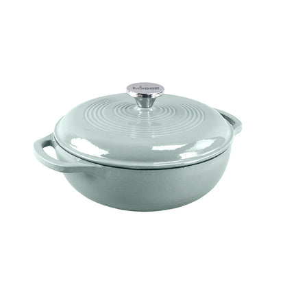 Desert Sage enameled cast iron Dutch oven with lid on a white background