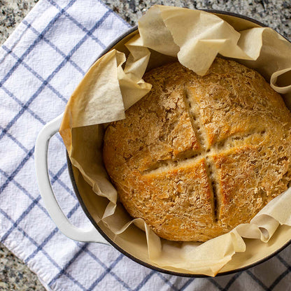 Freshly baked bread in dutch oven.