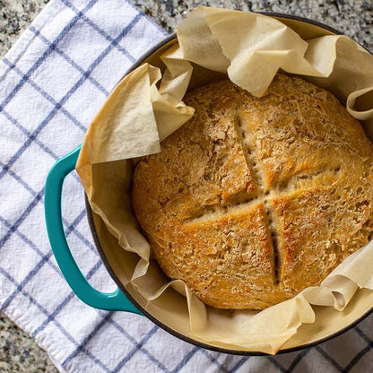 Freshly baked bread in dutch oven.