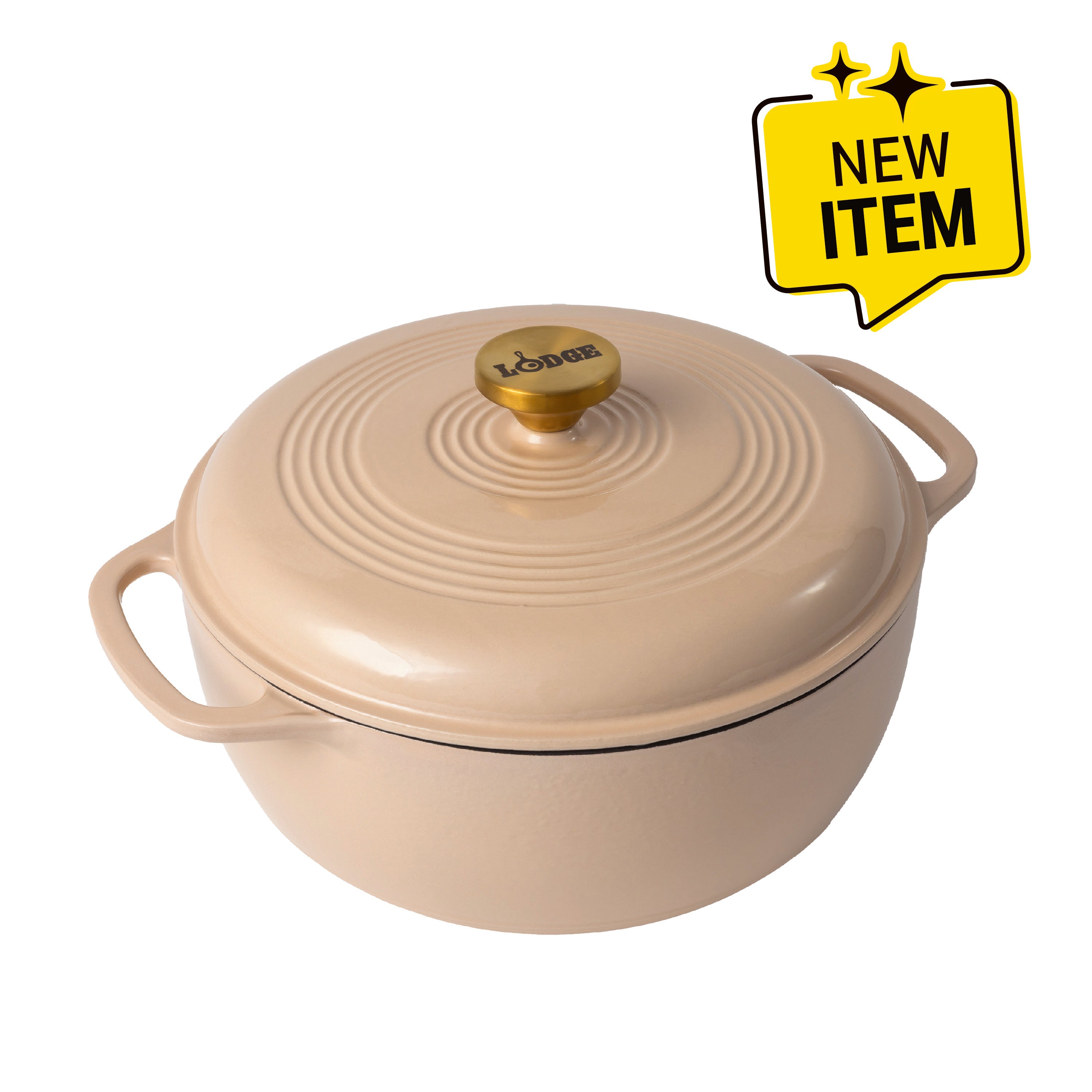 Latte cream enameled cast iron Dutch oven including a lid with gold knob. A badge saying "New Item" displayed in corner.