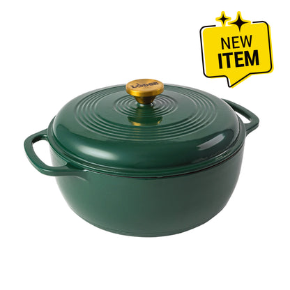 Emerald green enameled cast iron Dutch oven including a lid with gold knob. A badge saying "New Item" displayed in corner.
