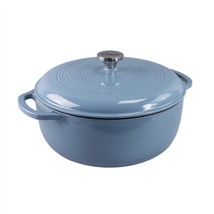 Storm blue enameled cast iron Dutch oven with lid on a white background