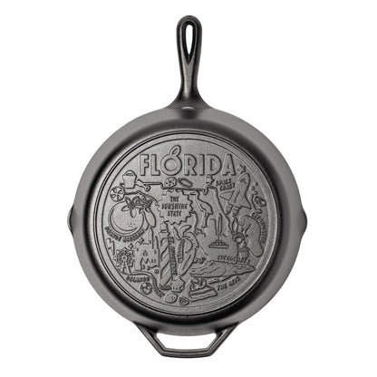 Cast iron skillet with the bottom engraved with beloved icons and monuments from Florida.