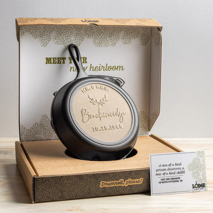 Sample custom skillet displayed in special packaging.
