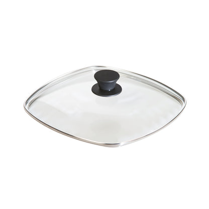Glass square lid with rounded corners and a black knob in middle for lifting.