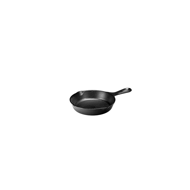 Black skillet with long handle and 2 pour spouts.