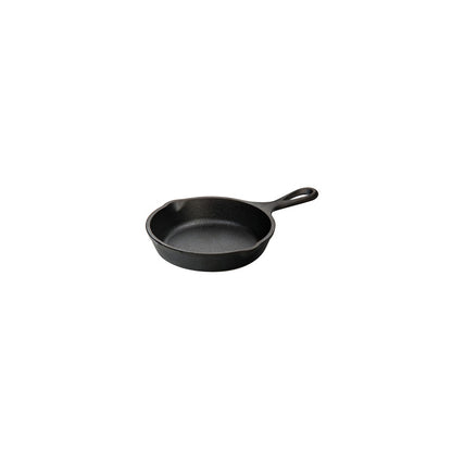 Black skillet with long handle and 2 pour spouts.