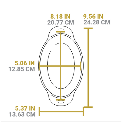 Dimensional drawing of product. Total width is 5.37 inches, total length is 9.56 inches, bowl portion width is 5.06 inches, and bowl portion length is 8.18 inches.