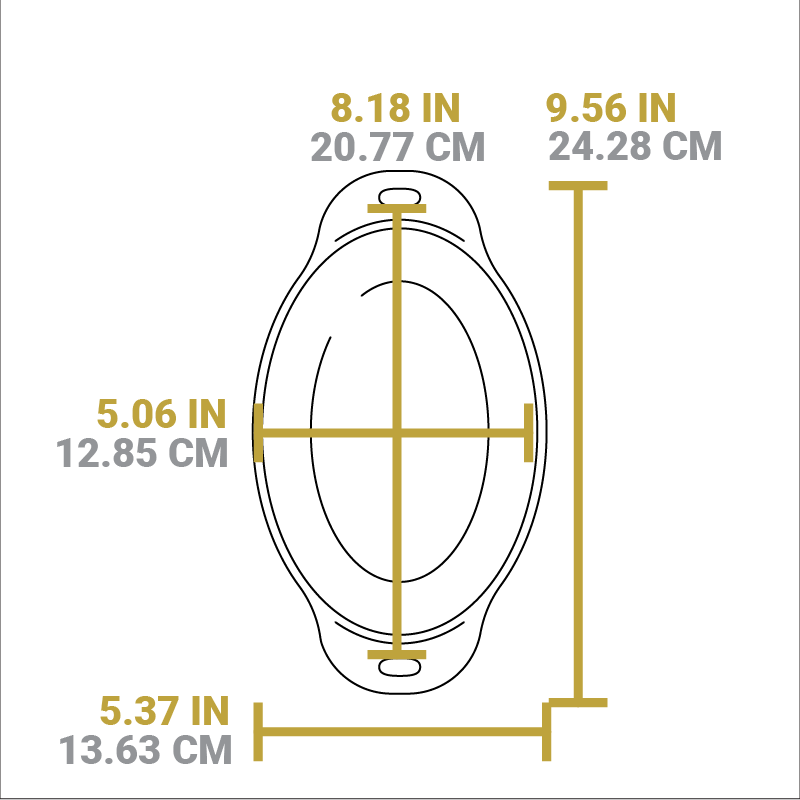 Dimensional drawing of product. Total width is 5.37 inches, total length is 9.56 inches, bowl portion width is 5.06 inches, and bowl portion length is 8.18 inches.