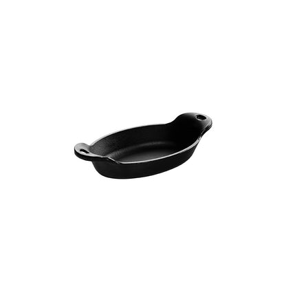 Oval shaped dish with two curved handles on end.
