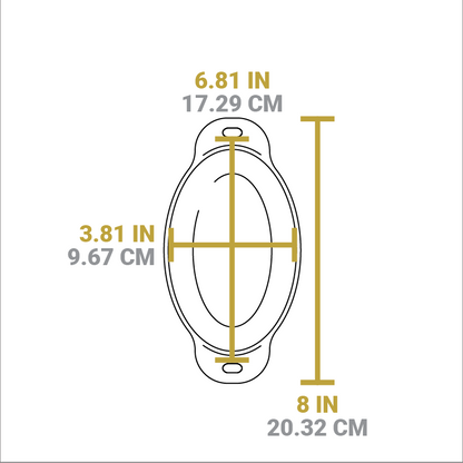 Dimensional drawing of product. Width of bowl is 6.81 inches, length of bowl is 3.81 inches, and total width is 8 inches.