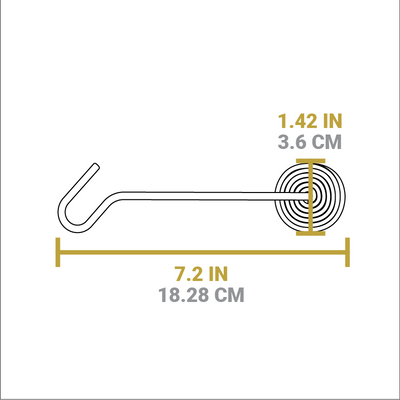 Dimensional drawing of product. The hook and carry handle length is 7.2 inches, depth of spiral handle is 1.42 inches.