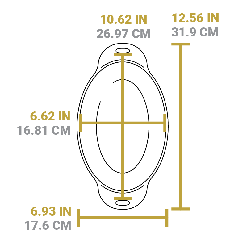 Dimensional drawing of product. Total width is 12.56 inches, width of bowl is 10.62 inches, length of bowl is 6.62 inches, total length is 6.93 inches.